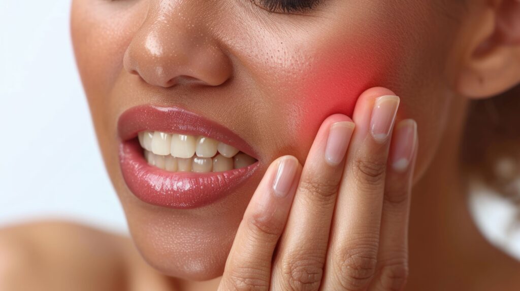 Nose-to-chin view of woman pressing 4 fingers to her swollen cheek